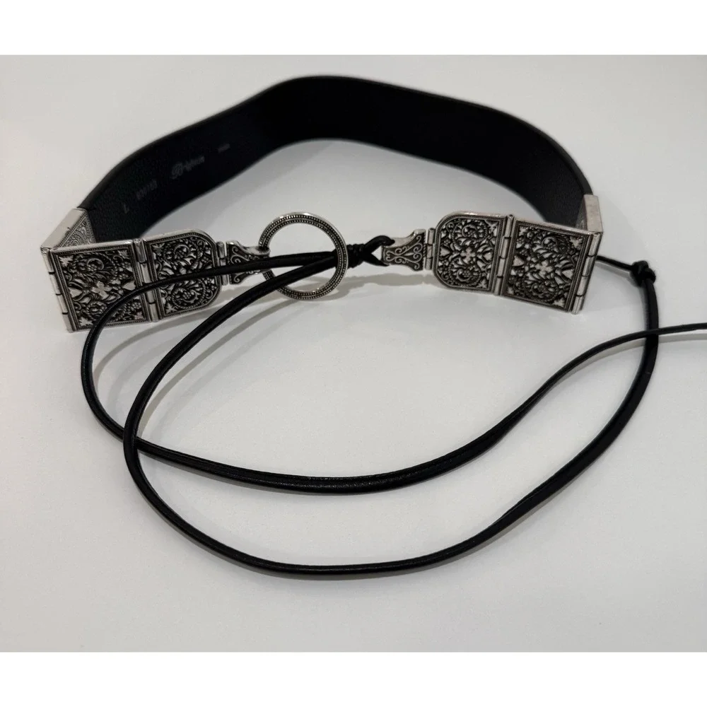 BRIGHTON SILVER BLACK LEATHER TIE WAIST BELT SZ LARGE‎